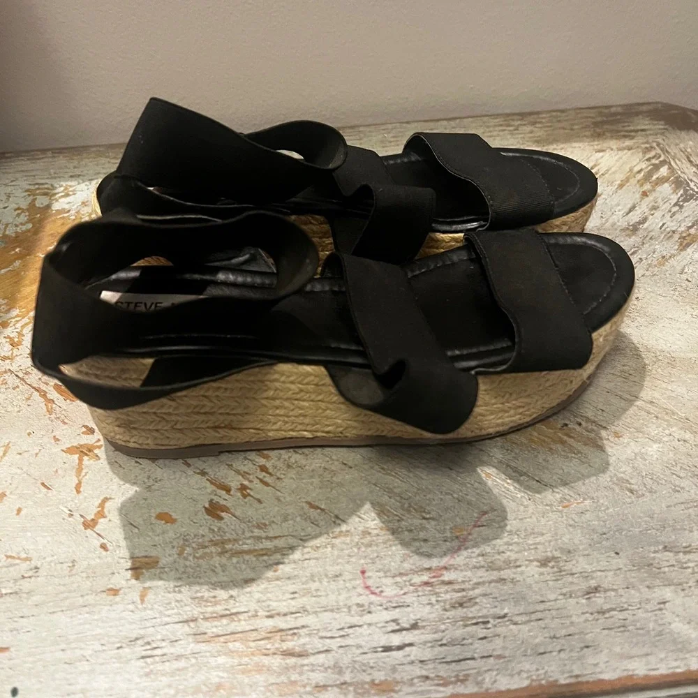 Steve Madden Kacia Black Elastic Espadrille Wedge Sandals Platform KCIK01S1 8.5M